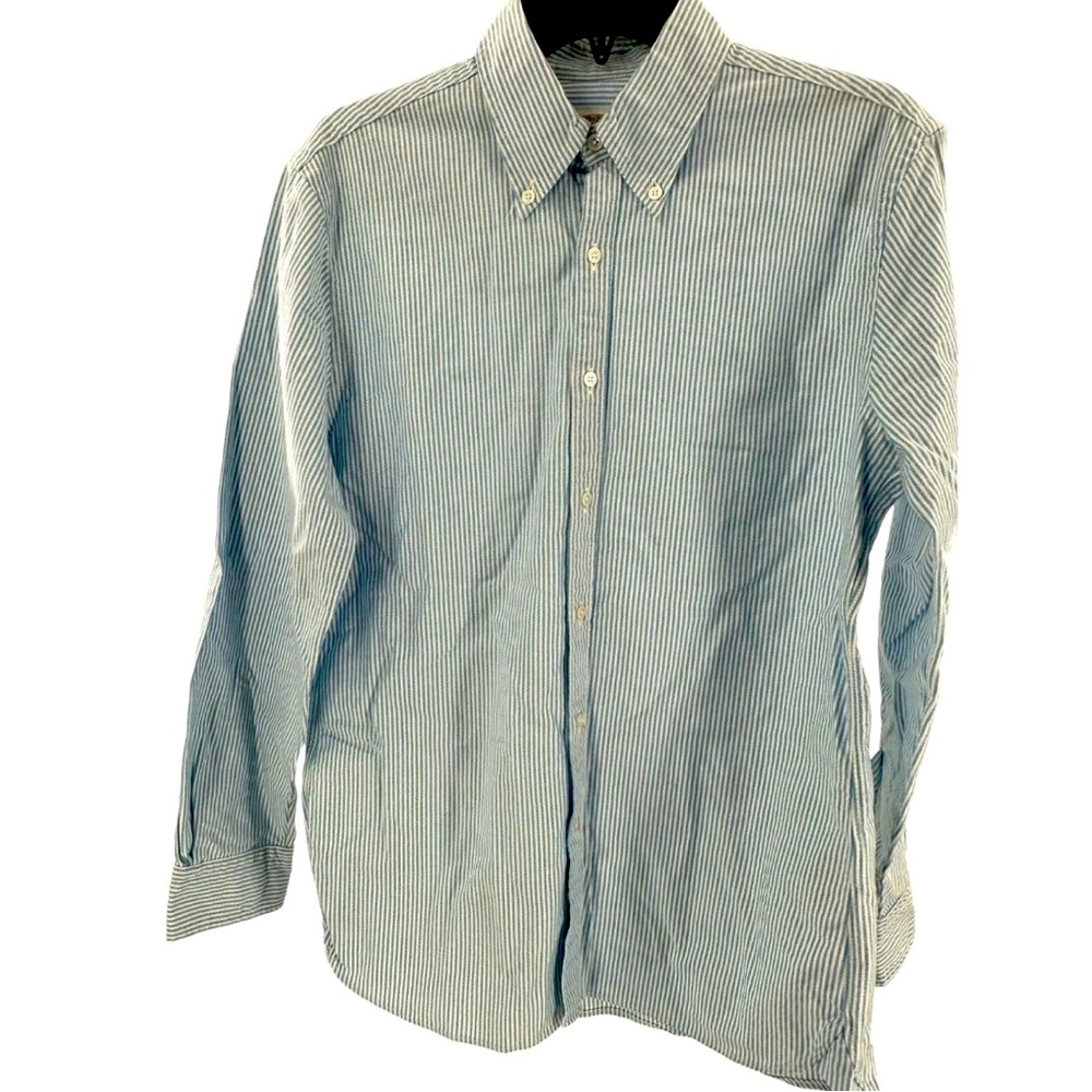 Brooks Brothers Soho Oxford 15.5 33 MADE IN THE USA Aqua Stripe Slim Fit OCBD